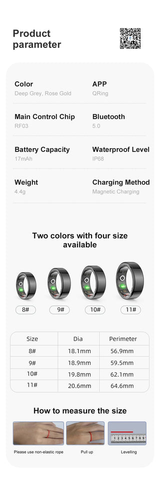 Optima Track Smart Ring - Military Grade Titanium Steel - Health Monitoring IP68 & 3ATM Waterproof Multi-sport Mode